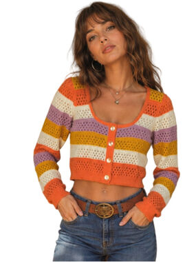 SO Sonoma Cropped Crochet Knit Striped Cardigan Sweater Boho Sz M
